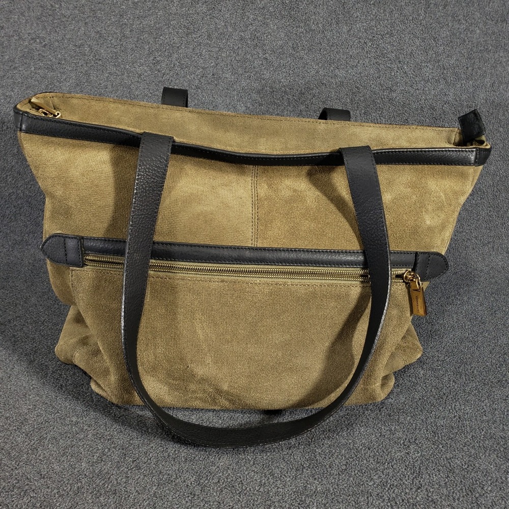 Levenger Shoulder Bag Suede Khaki Green Purse 11" Drop 12" High 5" Deep 15" Wide
